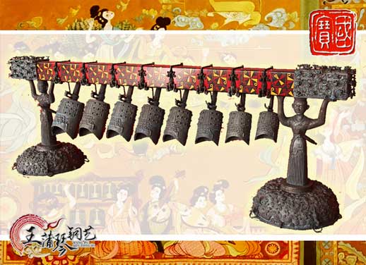 8件古編鐘，銅人銅座裝飾，可發(fā)音